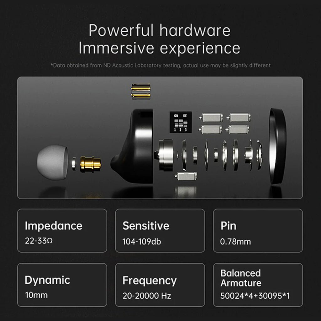 ND X12 Hybrid IEM technical specifications including 10mm dynamic driver, 20-20000Hz frequency, and 0.78mm pin interface.