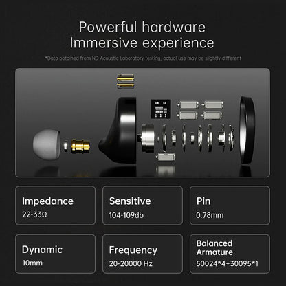 ND X12 Hybrid IEM technical specifications including 10mm dynamic driver, 20-20000Hz frequency, and 0.78mm pin interface.