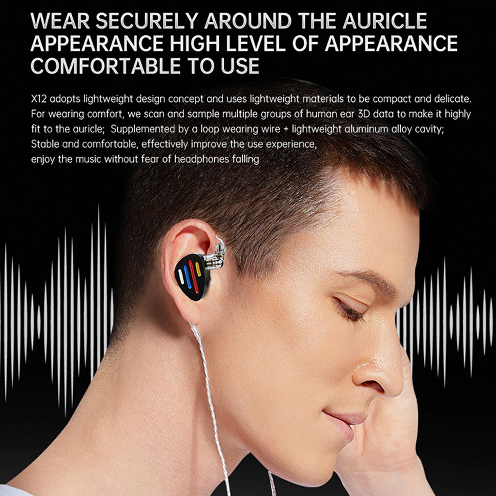 ND X12 Hybrid IEM worn by model, showcasing ergonomic fit and secure over-ear cable design for comfortable long-term use.