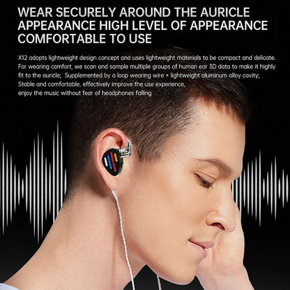 ND X12 Hybrid IEM worn by model, showcasing ergonomic fit and secure over-ear cable design for comfortable long-term use.