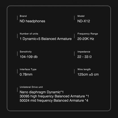 ND X12 Hybrid IEM product specifications listing brand, model, driver configuration, sensitivity, impedance, and wire length.