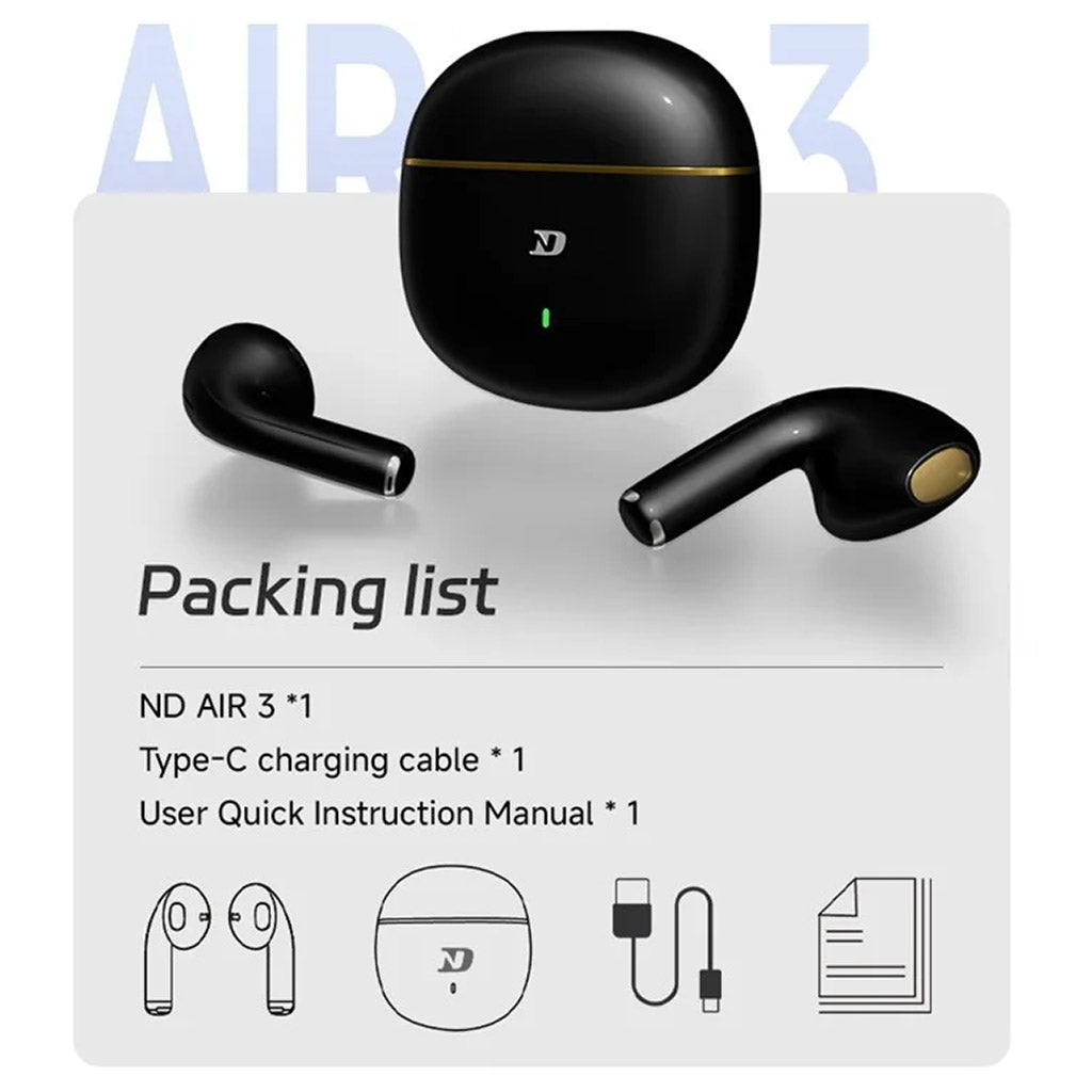 ND Air3 True Wireless Earbuds with Type C cable and Charging Port