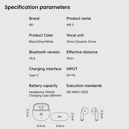 ND Air3 True Wireless Earbuds Specifications