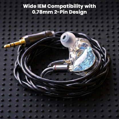 NICEHCK DuskAg IEM cable connected to earphones, showcasing 0.78mm 2-pin design for wide compatibility and premium sound.