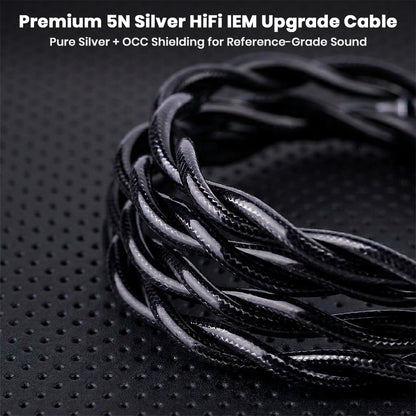 Close-up of NICEHCK DuskAg IEM cable showing 5N silver and OCC shielding for high-fidelity sound and premium build quality.