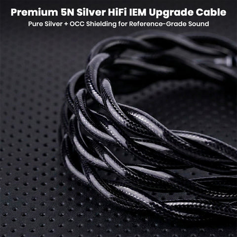 Close-up of NICEHCK DuskAg IEM cable showing 5N silver and OCC shielding for high-fidelity sound and premium build quality.
