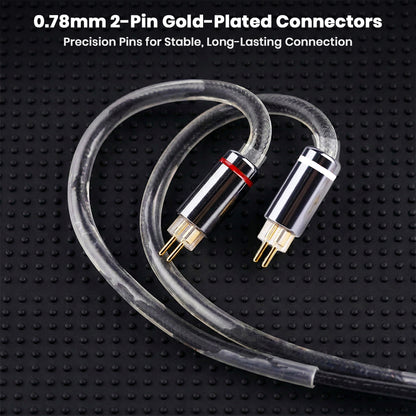 Gold-plated 0.78mm 2-pin connectors on NICEHCK DuskAg IEM cable for precise, long-lasting audio connectivity.