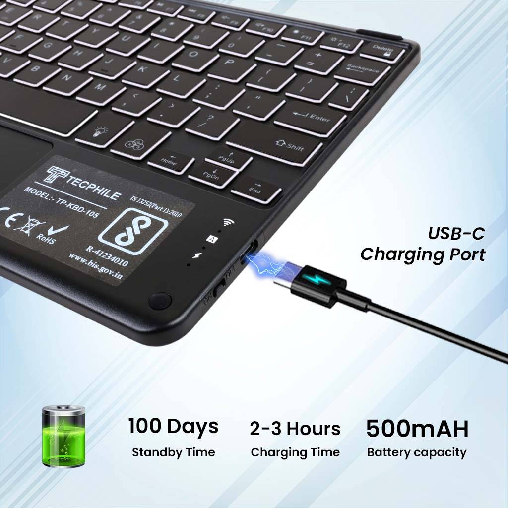 OP121 Keyboard Case for OnePlus Pad 2/Pad Pro/Oppo Pad 3 Pro 12.1” with USB-C charging port. Features 100-day standby time, 2-3 hour charging, and 500mAh battery capacity.