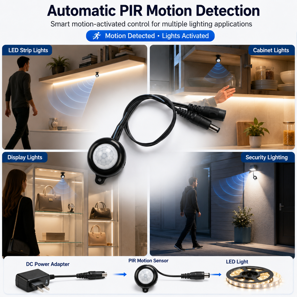 White PIR motion sensor switch with black cable and connectors, used for smart home automation and LED lighting control