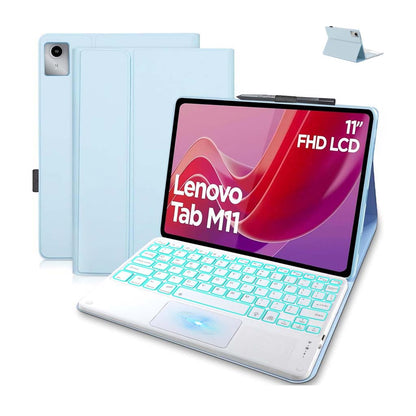 Light blue keyboard case with backlit keys and trackpad for Lenovo Tab M11 11-inch, supports FHD LCD display and magnetic stand.