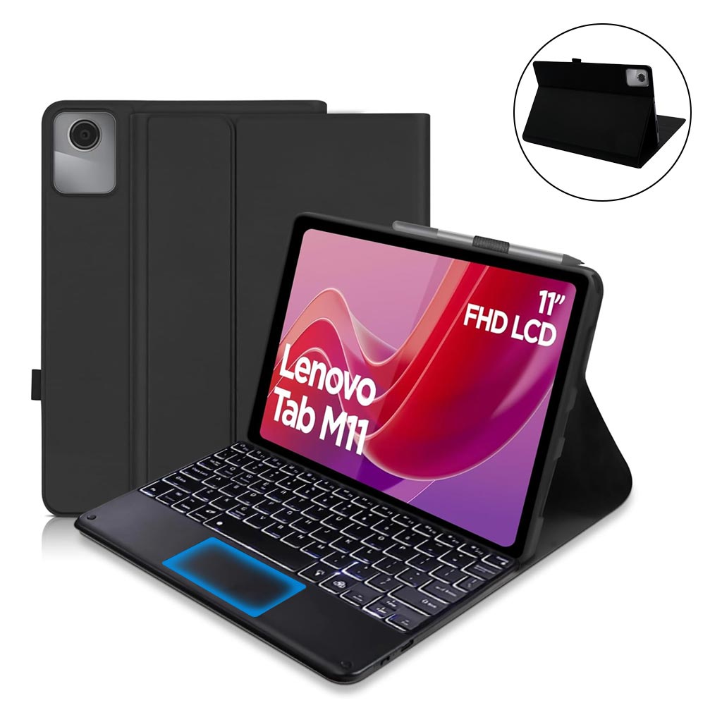Black keyboard case with backlight and trackpad for Lenovo Tab M11 11-inch, supports FHD LCD and folds into a stand for hands-free use.
