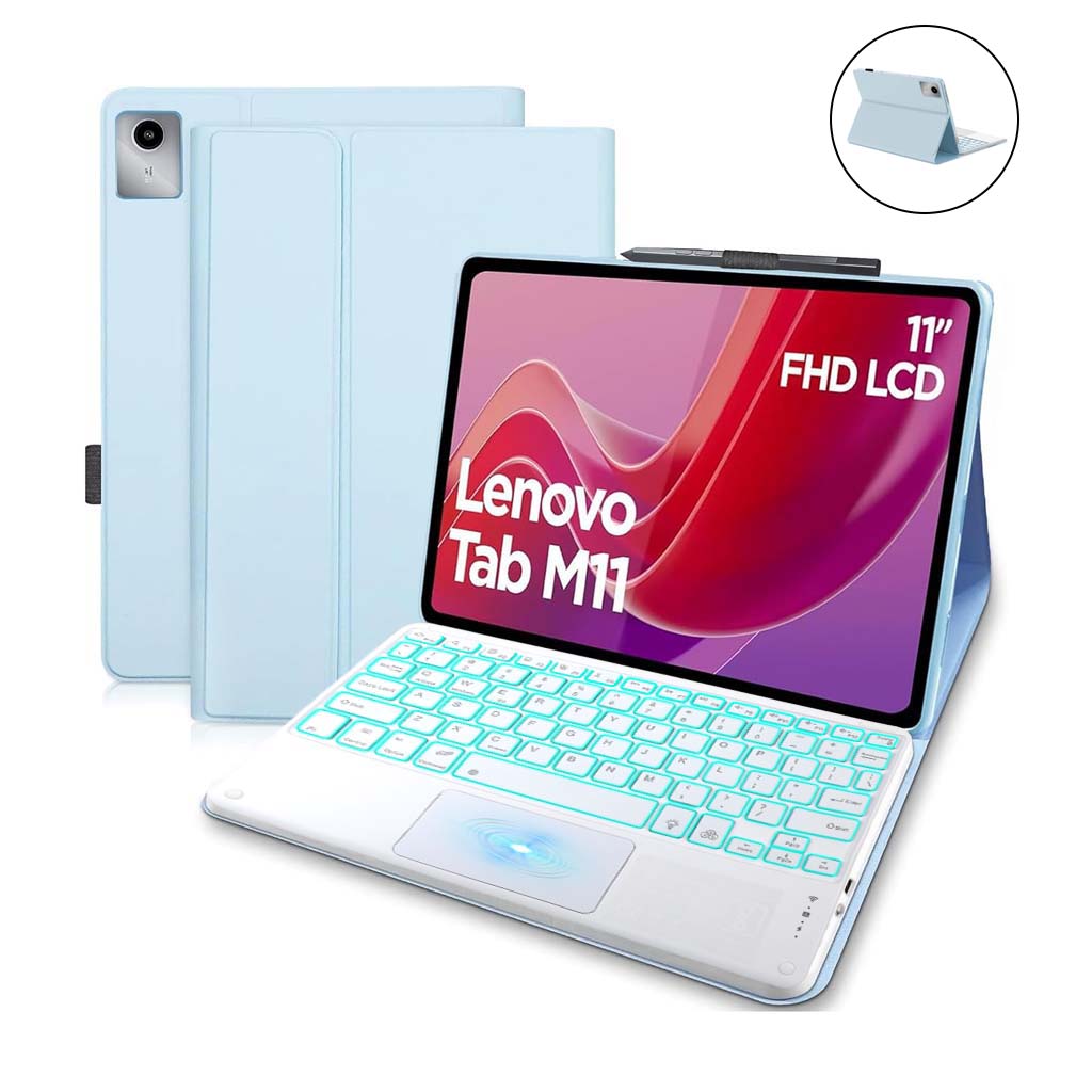 Stylish blue folio keyboard case for Lenovo Tab M11 with 11-inch FHD LCD, includes trackpad and adjustable viewing angles for productivity.