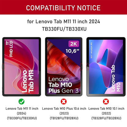 Compatibility chart showing Keyboard Case fits Lenovo Tab M11 11-inch 2024 model only, not compatible with Tab M10 Plus Gen 3 or Tab M10 10.1 inch.