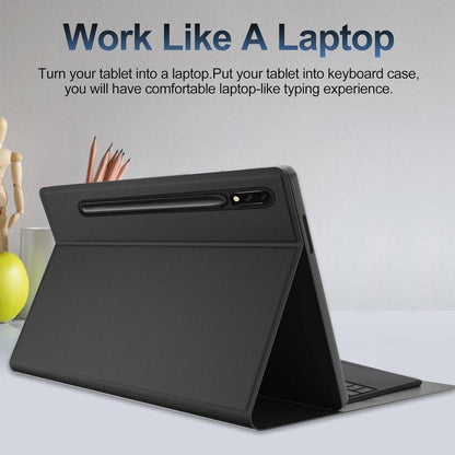 Laptop-style typing experience with Samsung Galaxy Tab S9 Plus 12.4 inch keyboard case in black with foldable stand.