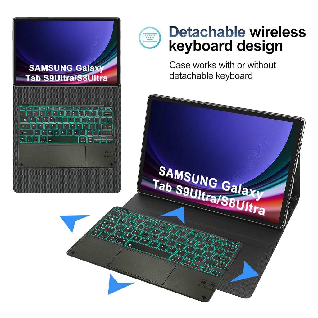 Detachable wireless keyboard design for Samsung Galaxy Tab S9 Ultra/S8 Ultra with touchpad and folio case.