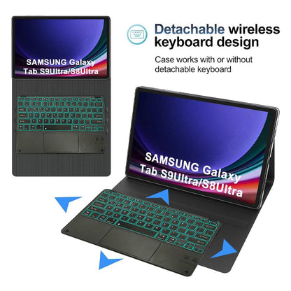 Detachable wireless keyboard design for Samsung Galaxy Tab S9 Ultra/S8 Ultra with touchpad and folio case.