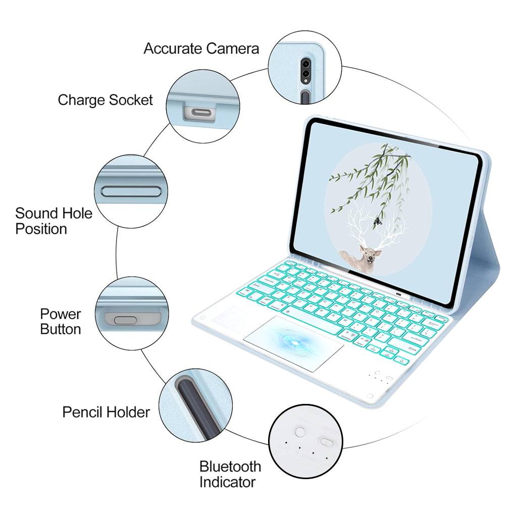 Keyboard Case for Samsung Galaxy Tab S9 Plus 12.4 inch with precise cutouts for camera, ports, and pencil holder in blue.