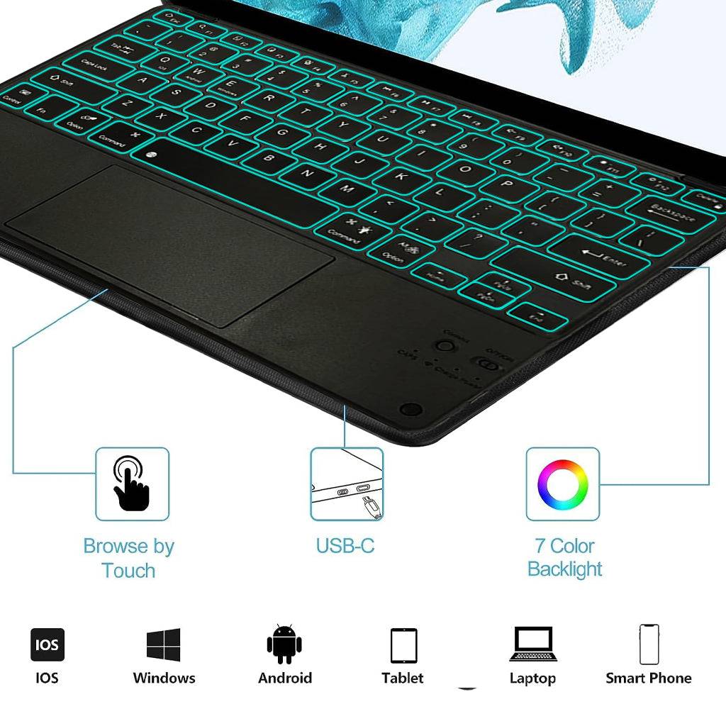 Keyboard compatibility with iOS, Android, Windows, and USB-C charging for Samsung Galaxy Tab S9 Plus 12.4 inch case.