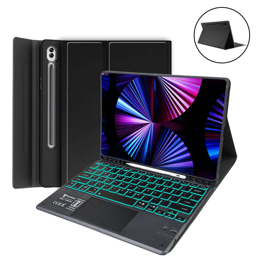 Black keyboard case for Samsung Galaxy Tab S9 Plus 12.4 inch with detachable backlit keyboard and folio stand.