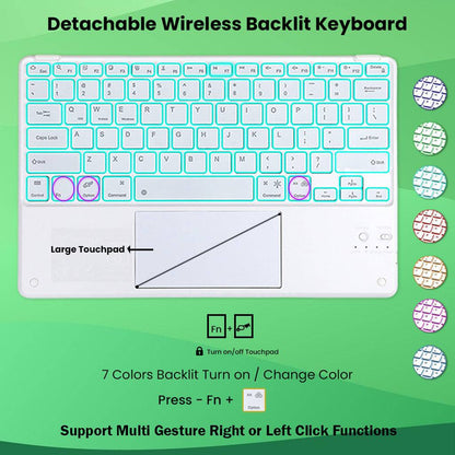 White detachable wireless keyboard with 7-color backlight and large touchpad for Samsung Galaxy Tab S9 Plus 12.4 inch.