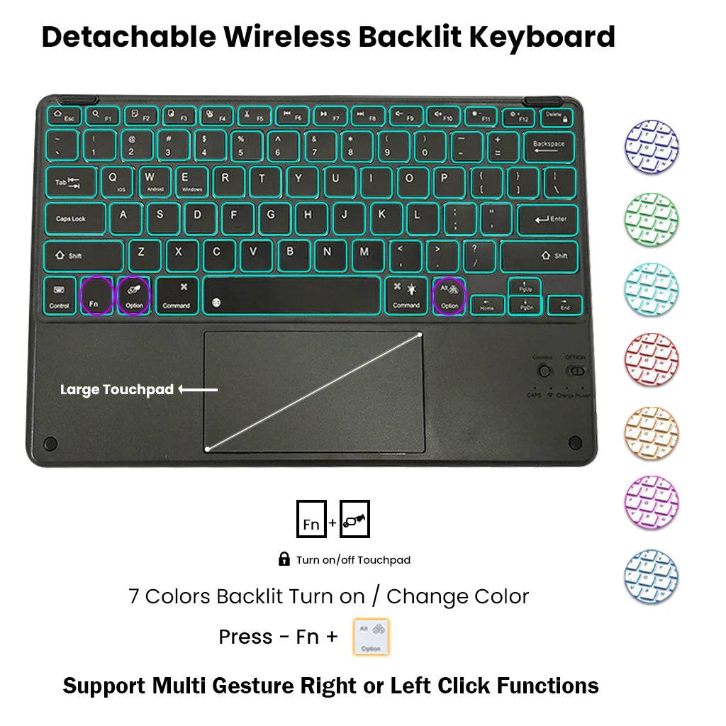 Detachable wireless backlit keyboard with 7 color options and large touchpad for Samsung Galaxy Tab S9 Plus 12.4 inch.