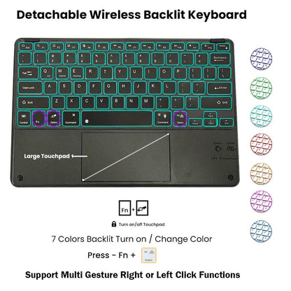 Detachable wireless backlit keyboard with 7 color options and large touchpad for Samsung Galaxy Tab S9 Plus 12.4 inch.