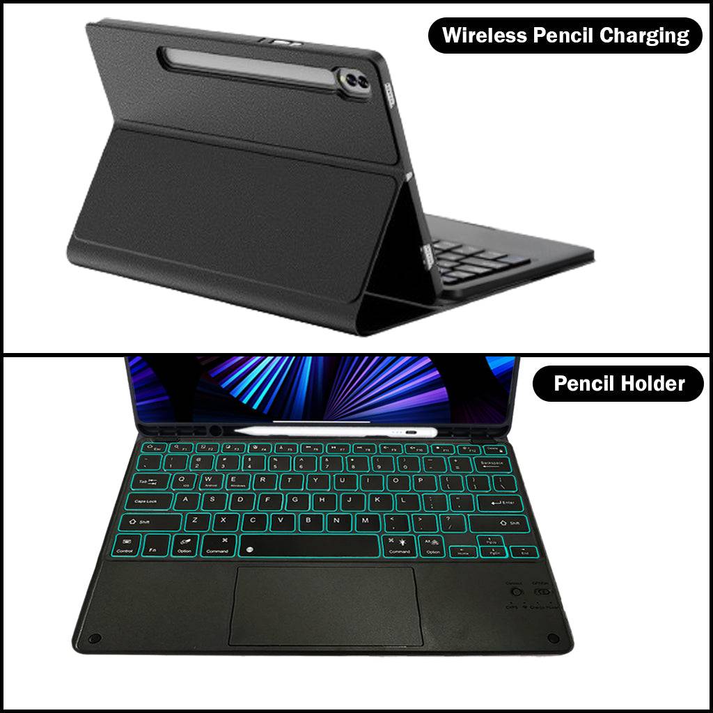 Samsung Galaxy Tab S9 Plus 12.4 inch keyboard case with wireless pencil charging and built-in pencil holder in black.