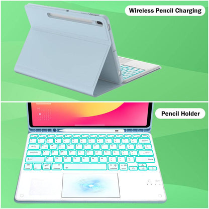 Blue keyboard case for Samsung Galaxy Tab S9 Plus 12.4 inch with wireless pencil charging and pencil holder.