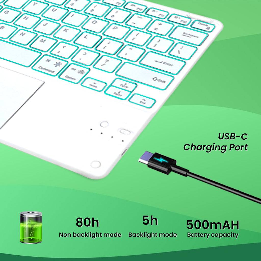 USB-C charging port and 500mAh battery for Samsung Galaxy Tab S9 Plus 12.4 inch keyboard case with 80h usage time.