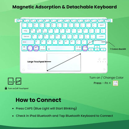 Connection guide for Bluetooth backlit keyboard for Samsung Galaxy Tab S9 Plus 12.4 inch with magnetic attachment.