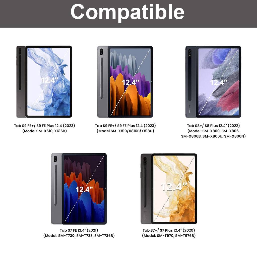 Compatibility chart showing supported Samsung Galaxy Tab models for the Keyboard Case for Galaxy Tab S9 Plus 12.4 inch and S9 FE+.
