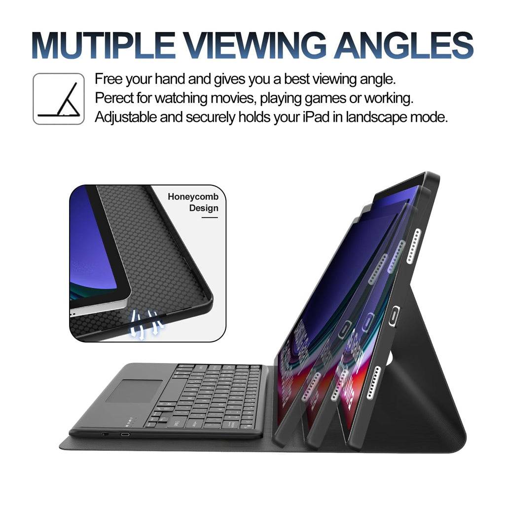 Black keyboard case for Samsung Galaxy Tab S9 Plus 12.4 inch with adjustable viewing angles and honeycomb design.