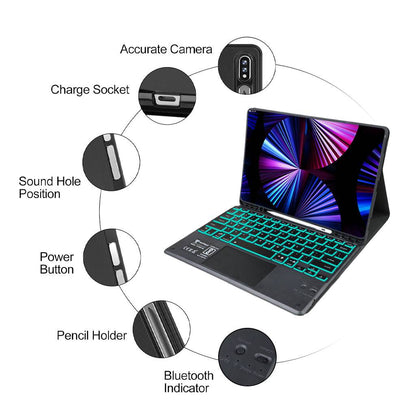 Black keyboard case for Samsung Galaxy Tab S9 Plus 12.4 inch with precise cutouts and Bluetooth indicator.