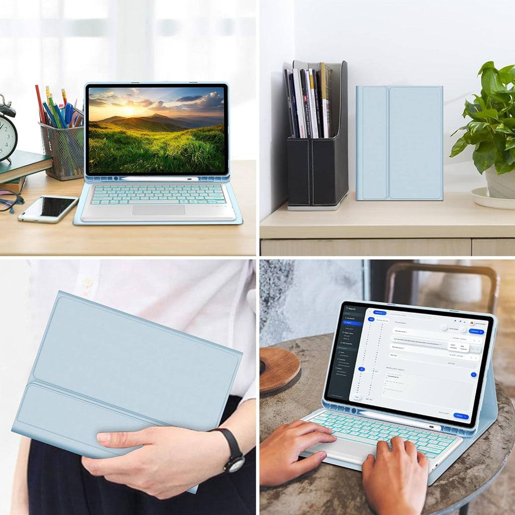 Blue keyboard case for Samsung Galaxy Tab S9 Plus 12.4 inch shown in various home and office usage scenarios.
