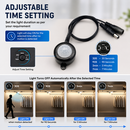  PIR motion sensor with adjustable timer dial, used for setting light duration in smart lighting systems