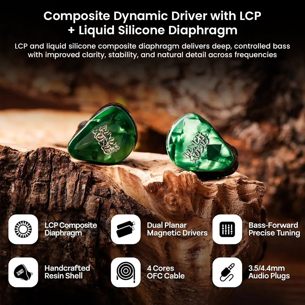 Punch Audio Portazo IEMs with LCP composite diaphragm, dual planar drivers, and handcrafted shell for bass-forward, precise tuning.