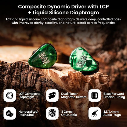 Punch Audio Portazo IEMs with LCP composite diaphragm, dual planar drivers, and handcrafted shell for bass-forward, precise tuning.