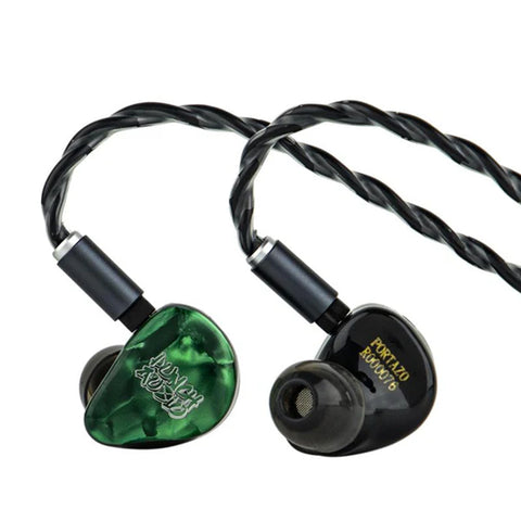 Punch Audio Portazo 1DD + Dual Planar Basshead In-Ear Monitor with green resin shell and detachable braided cable for high-fidelity audio.