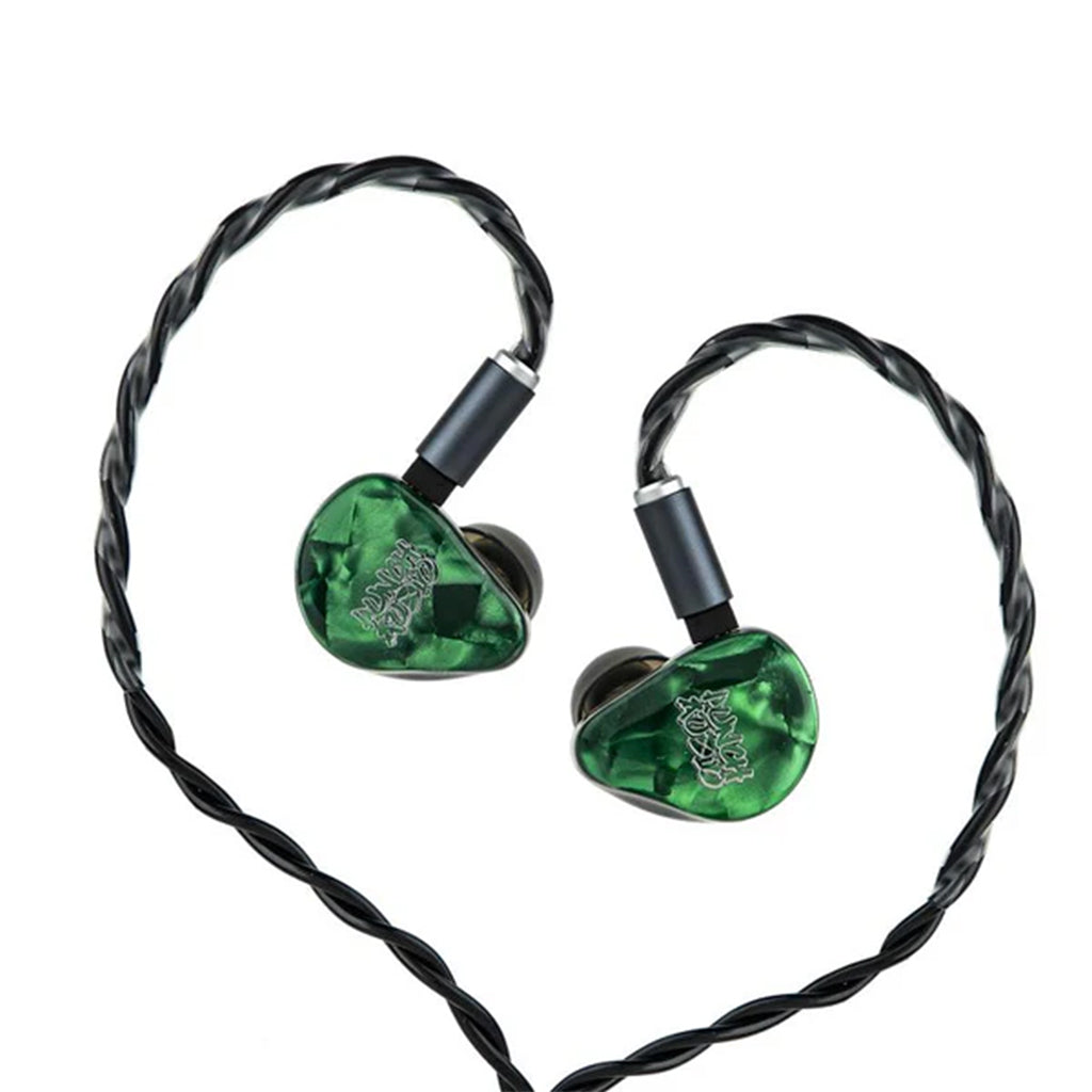 Punch Audio Portazo Basshead In-Ear Monitors shown in heart-shaped cable layout, highlighting stylish green faceplates and ergonomic design.