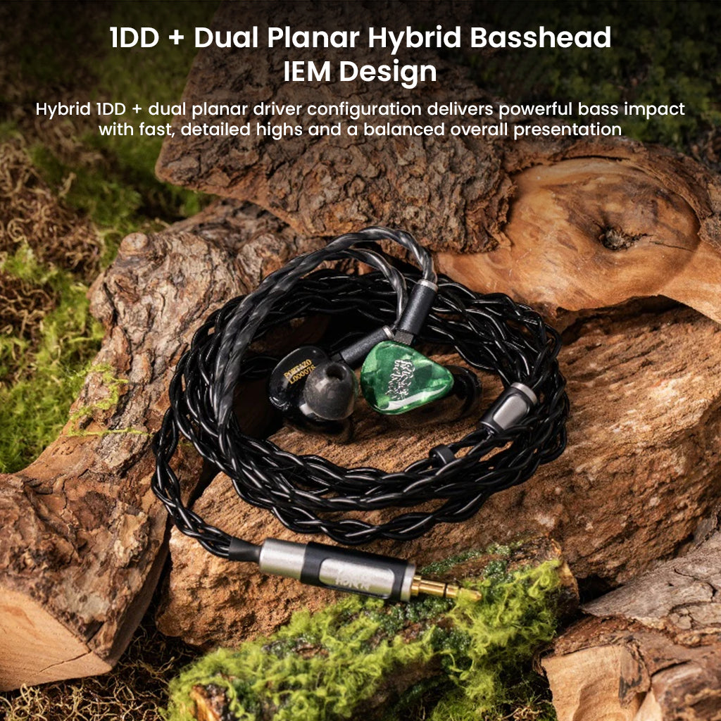 Punch Audio Portazo hybrid IEMs with 1DD and dual planar drivers shown outdoors, emphasizing basshead design and premium build.