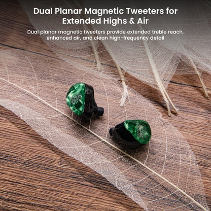 Punch Audio Portazo IEMs with dual planar magnetic tweeters for extended highs and clean treble detail, placed on decorative leaves.