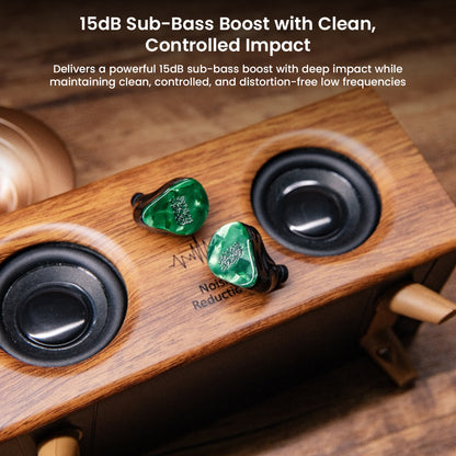 Punch Audio Portazo IEMs delivering 15dB sub-bass boost with clean, distortion-free lows, shown beside a wooden speaker.