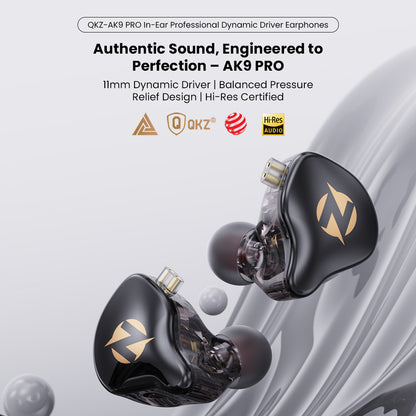 Black QKZ AK9 Pro in-ear monitor with gold logo and sleek design