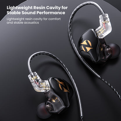 Black in-ear monitor with transparent resin cavity and gold logo
