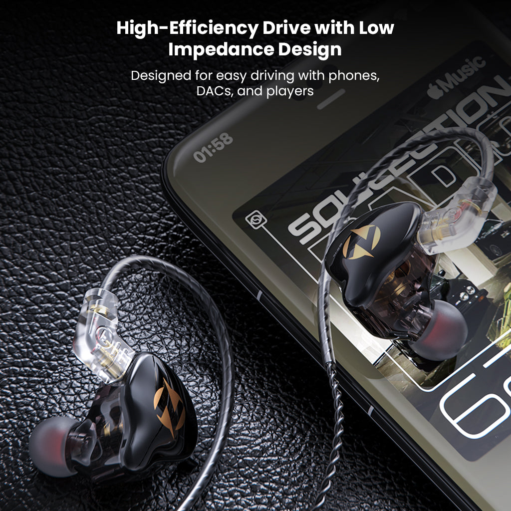 Close-up of in-ear monitor with black and transparent design on smartphone