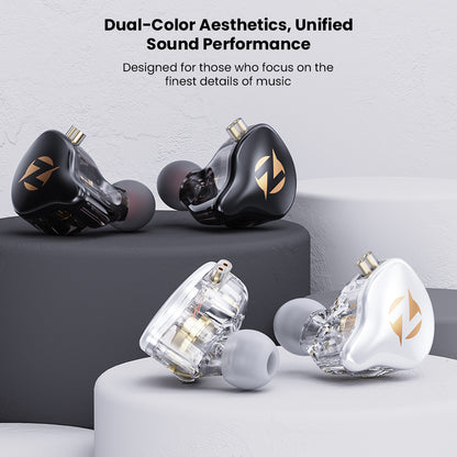 Dual-color black and white in-ear monitors with gold logo on textured background