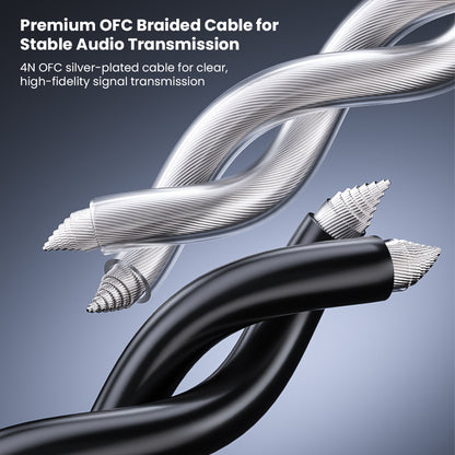 Silver and black braided audio cable with detachable design for upgrades