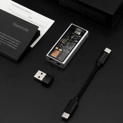 Unboxed QUESTYLE M15C DAC/Amp with USB-C cable and adapters, ready for use with smartphones, laptops, and other audio devices.
