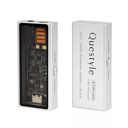 QUESTYLE M15C DAC/Amp with CS43131 chip in silver aluminum body, showing internal circuitry and USB-C port for high-res audio on mobile devices.