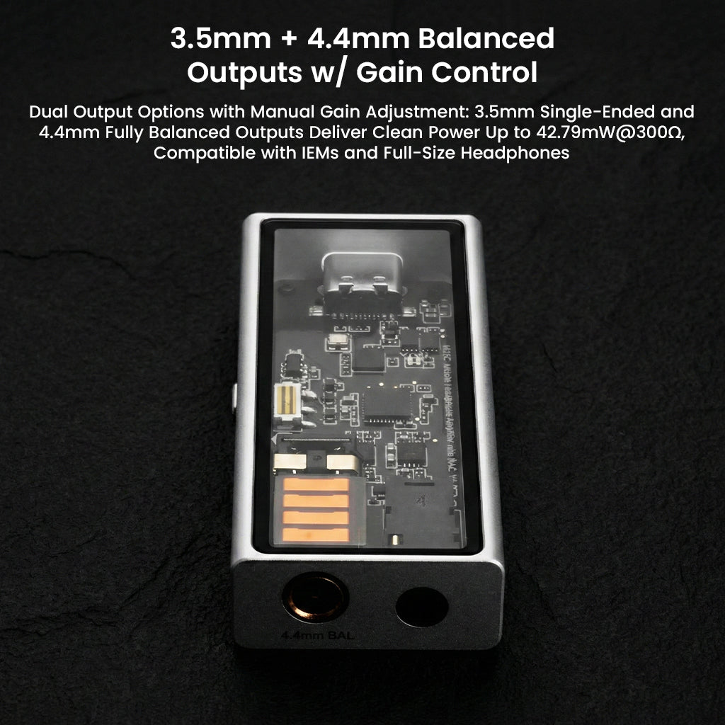 QUESTYLE M15C DAC/Amp with 3.5mm and 4.4mm balanced outputs, offering manual gain control for IEMs and full-size headphone compatibility.